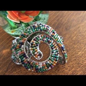 Gypsy Spiral Bead Wrap Silver Tone Wire Bracelet